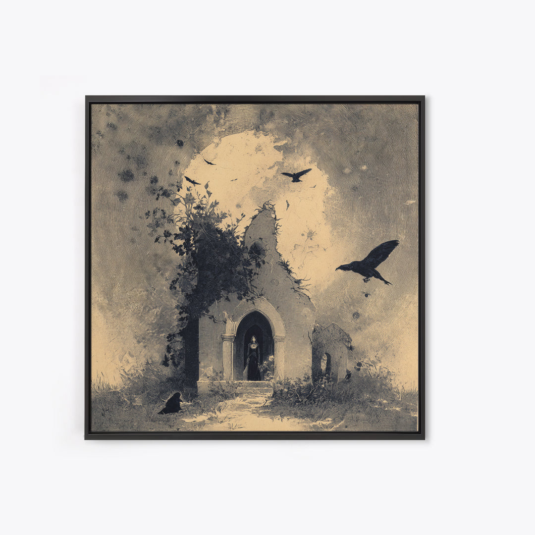 The Overgrown Chapel, Symbolist Dream Art, Square Wall Art, Dark Halloween Decor, Canvas Print, Halloween Wall Art