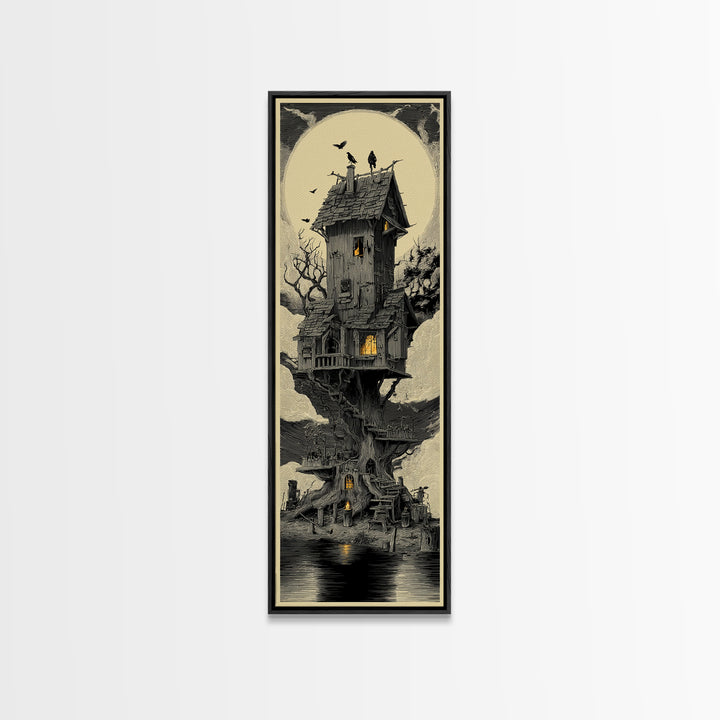 The Foggy Swamp Shack, Gothic Engraving Art, Tall Narrow Wall Art, Dark Halloween Decor, Framed Canvas Print, Halloween Wall Art