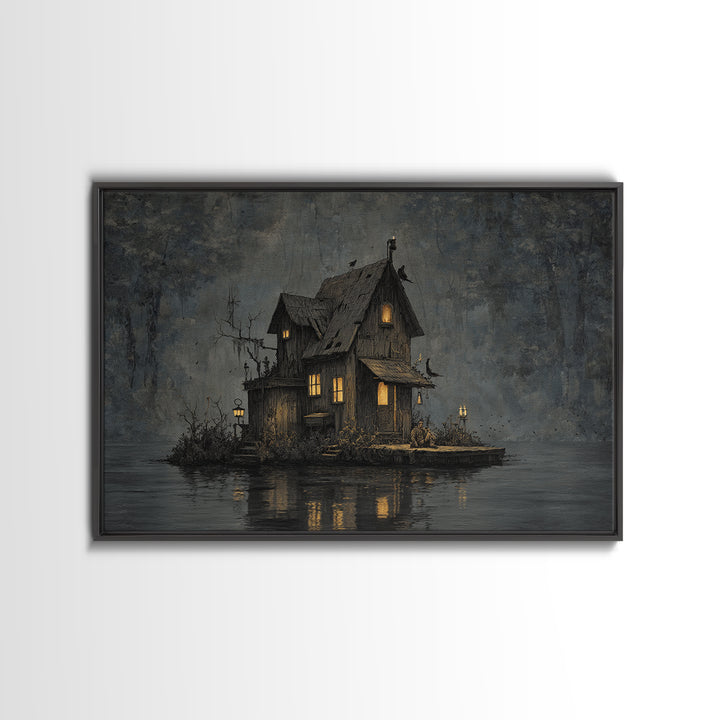 The Foggy Swamp Shack, Medieval Grotesque Art, Landscape Wall Art, Macabre Wall Art, Canvas Print, Halloween Wall Art