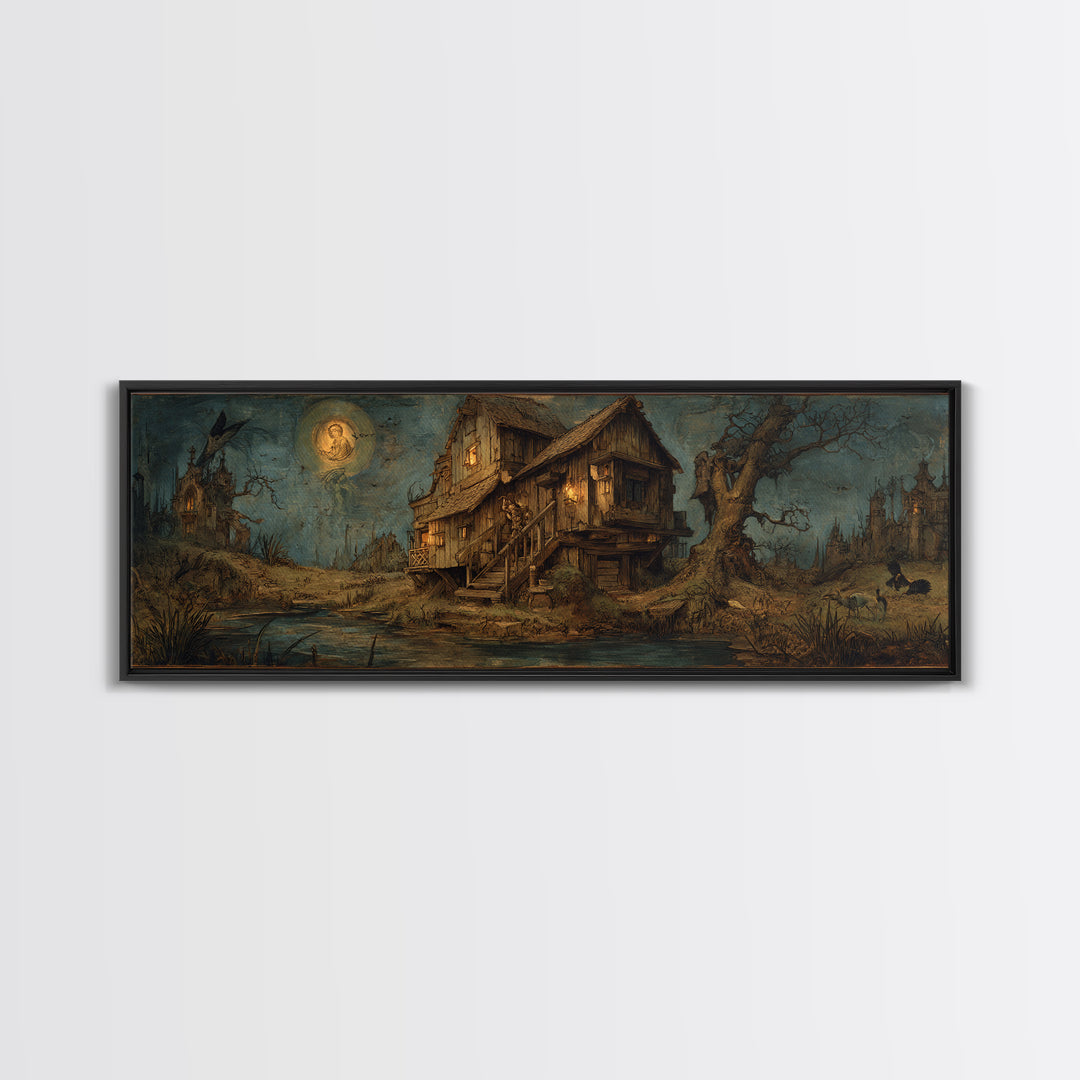 The Foggy Swamp Shack, Dark Renaissance Art, Extra Wide Wall Art, Dark Halloween Decor, Framed Canvas Print, Halloween Wall Art