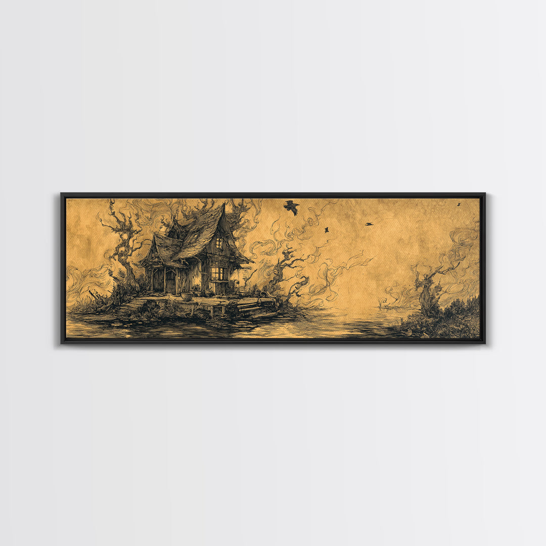 The Foggy Swamp Shack, Renaissance Engraving Art, Extra Wide Wall Art, Macabre Wall Art, Framed Canvas Print, Halloween Wall Art