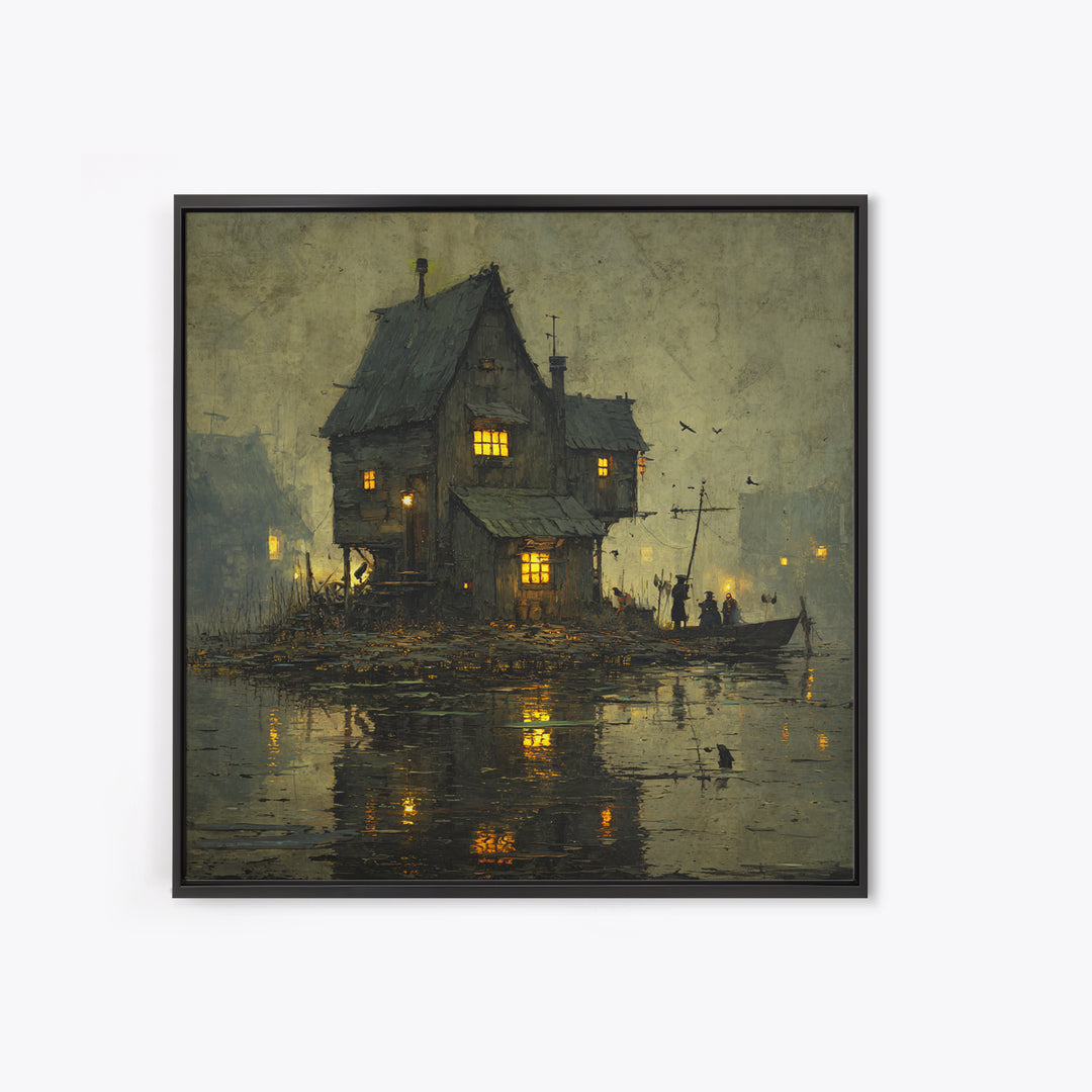 The Foggy Swamp Shack, Danse Macabre Art, Square Wall Art, Gothic Horror Wall Art, Framed Canvas Print