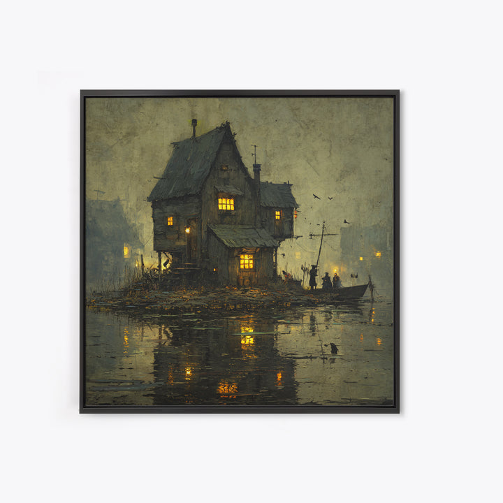 The Foggy Swamp Shack, Danse Macabre Art, Square Wall Art, Gothic Horror Wall Art, Framed Canvas Print