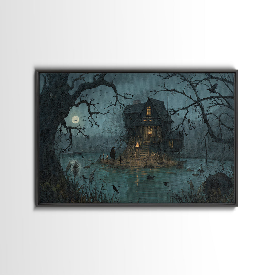 The Foggy Swamp Shack, Baroque Witchcraft Art, Landscape Wall Art, Gothic Horror Wall Art, Canvas Print, Halloween Wall Art