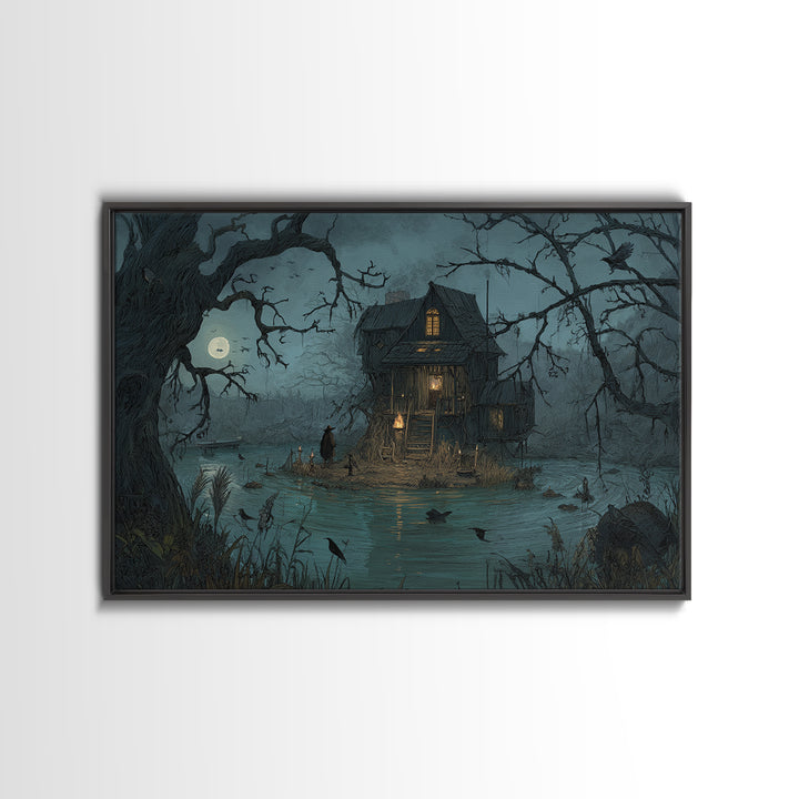 The Foggy Swamp Shack, Baroque Witchcraft Art, Landscape Wall Art, Gothic Horror Wall Art, Canvas Print, Halloween Wall Art