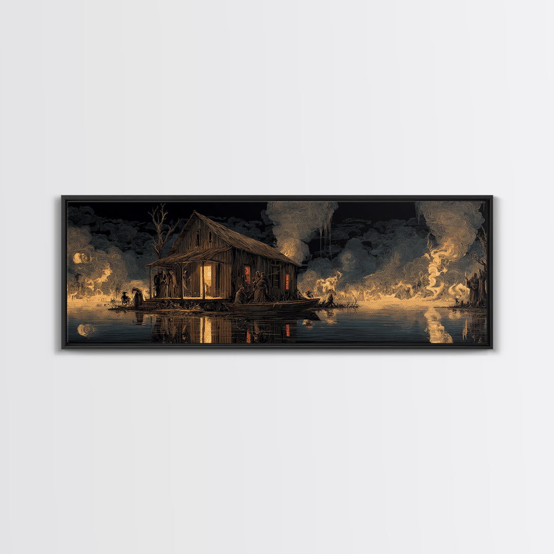The Foggy Swamp Shack, Visionary Gothic Art, Extra Wide Wall Art, Dark Halloween Decor, Framed Canvas Print, Halloween Wall Art