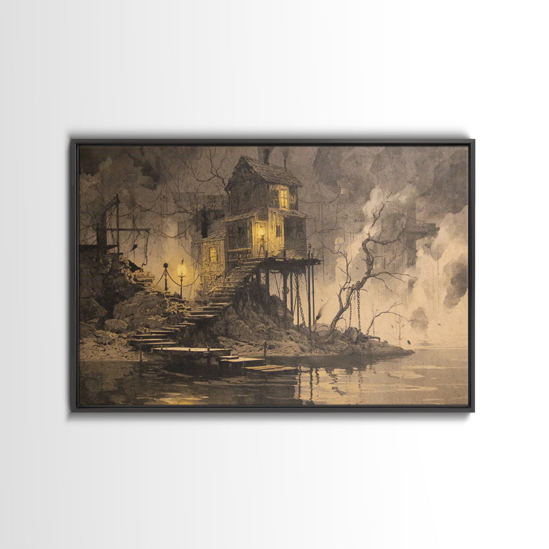 The Foggy Swamp Shack, Architectural Etching Art, Landscape Wall Art, Gothic Horror Wall Art, Canvas Print, Halloween Wall Art