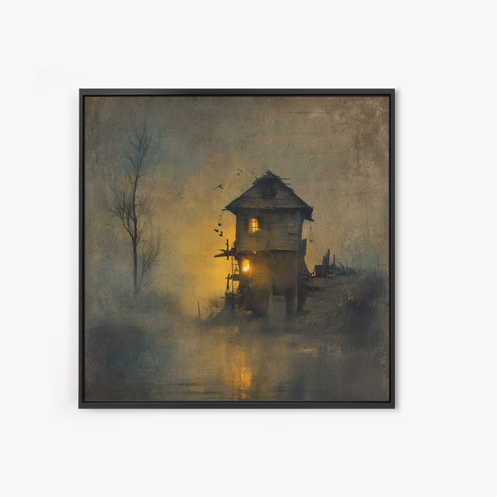 The Foggy Swamp Shack, Symbolist Dream Art, Square Wall Art, Dark Fantasy Wall Art, Canvas Print, Halloween Wall Art, Macabre Wall Art