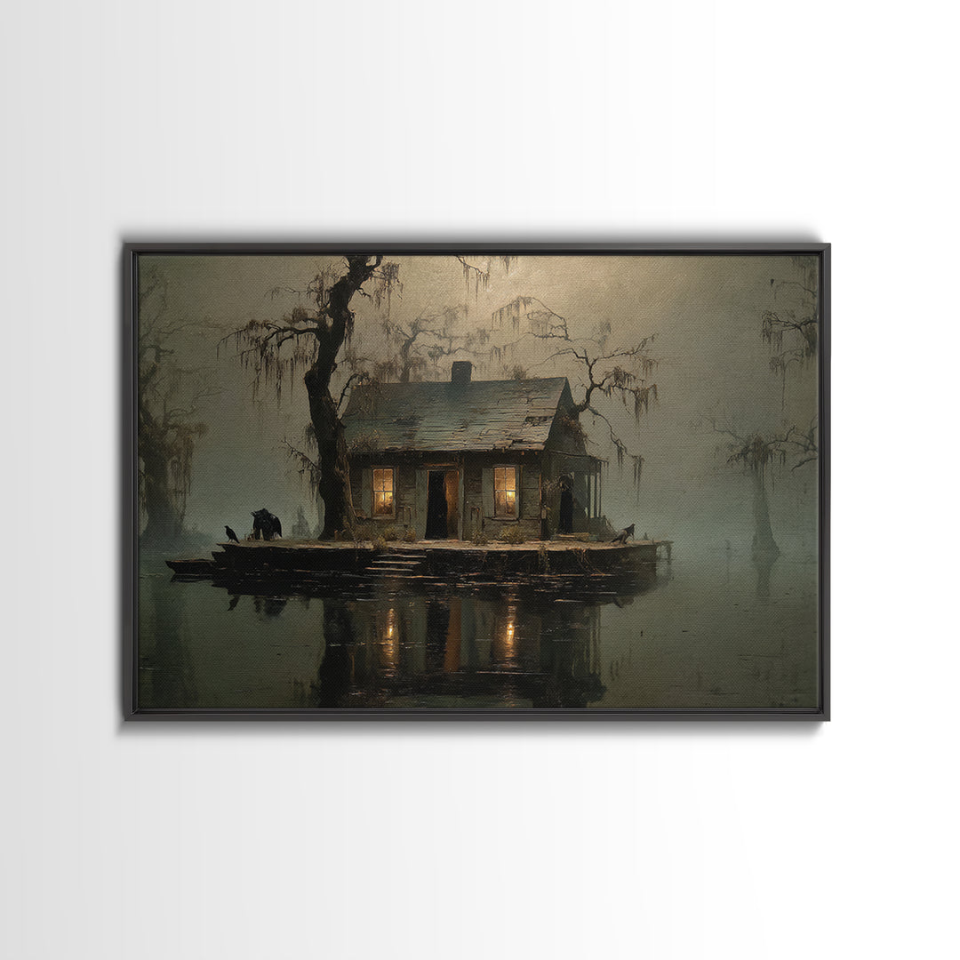 The Foggy Swamp Shack, Symbolist Gothic Landscape, Landscape Wall Art, Macabre Wall Art, Canvas Print, Halloween Wall Art