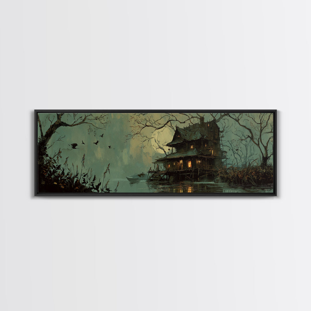 The Foggy Swamp Shack, Decadent Gothic Art, Extra Wide Wall Art, Macabre Wall Art, Framed Canvas Print, Halloween Wall Art