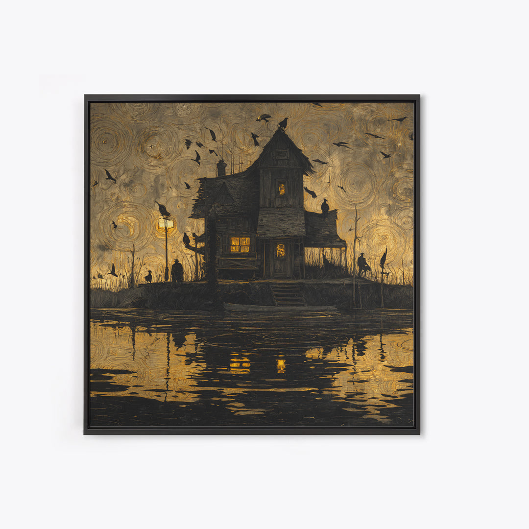The Foggy Swamp Shack, Dark Symbolist Art, Square Wall Art, Macabre Wall Art, Framed Canvas Print, Halloween Wall Art