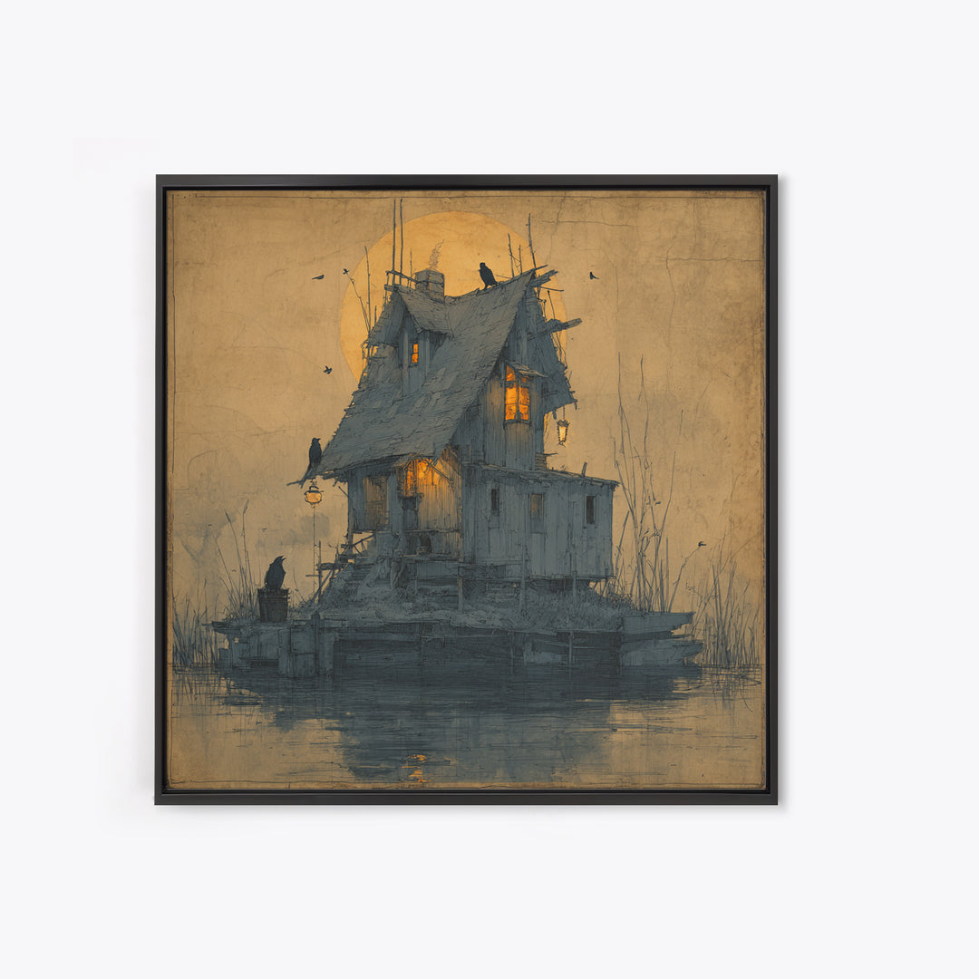 The Foggy Swamp Shack, Symbolist Etching Art, Square Wall Art, Dark Halloween Decor, Framed Canvas Print, Halloween Wall Art