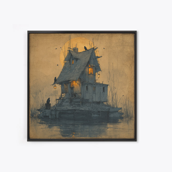 The Foggy Swamp Shack, Symbolist Etching Art, Square Wall Art, Dark Halloween Decor, Framed Canvas Print, Halloween Wall Art