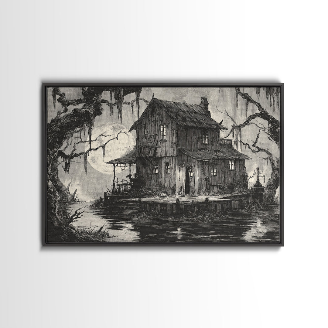 The Foggy Swamp Shack, Expressionist Nightmare Art, Landscape Wall Art, Gothic Horror Wall Art, Canvas Print, Halloween Wall Art