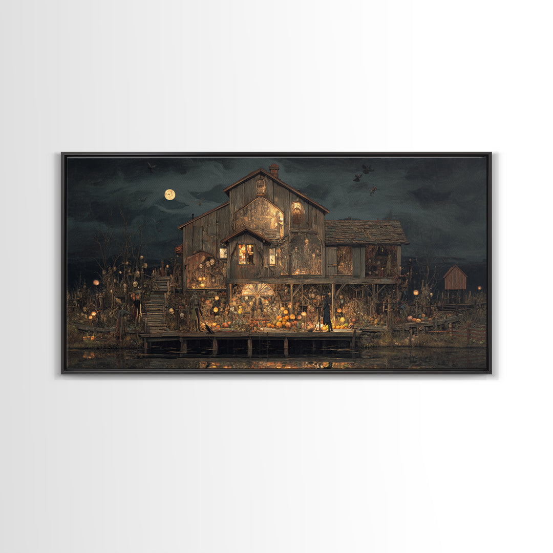 The Foggy Swamp Shack, Grotesque Carnival Art, Wide Panoramic Art, Gothic Horror Wall Art, Framed Canvas Print, Halloween Wall Art