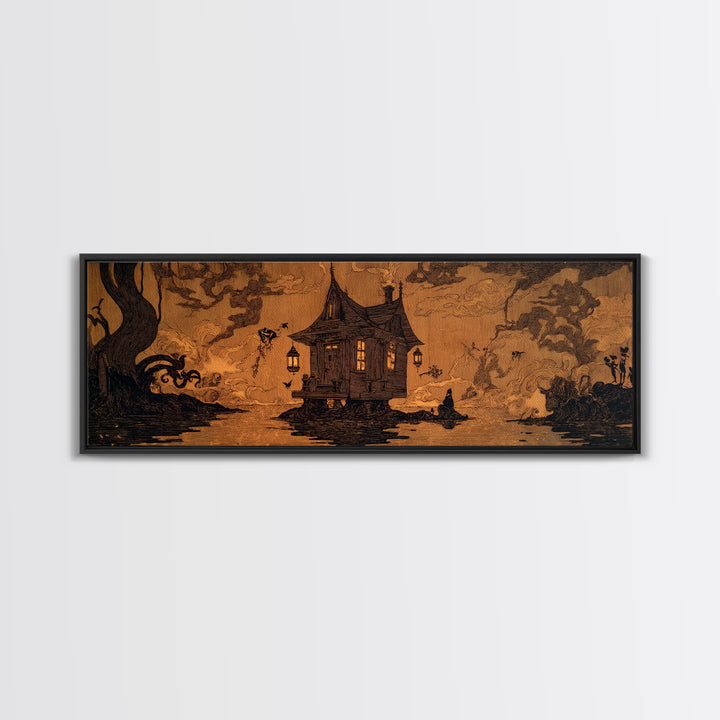 The Foggy Swamp Shack, Decadent Line Art, Extra Wide Wall Art, Dark Fantasy Wall Art, Framed Canvas Print, Halloween Wall Art