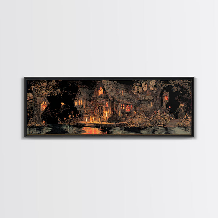 The Foggy Swamp Shack, Stained Glass Gothic Art, Extra Wide Wall Art, Macabre Wall Art, Framed Canvas Print, Halloween Wall Art