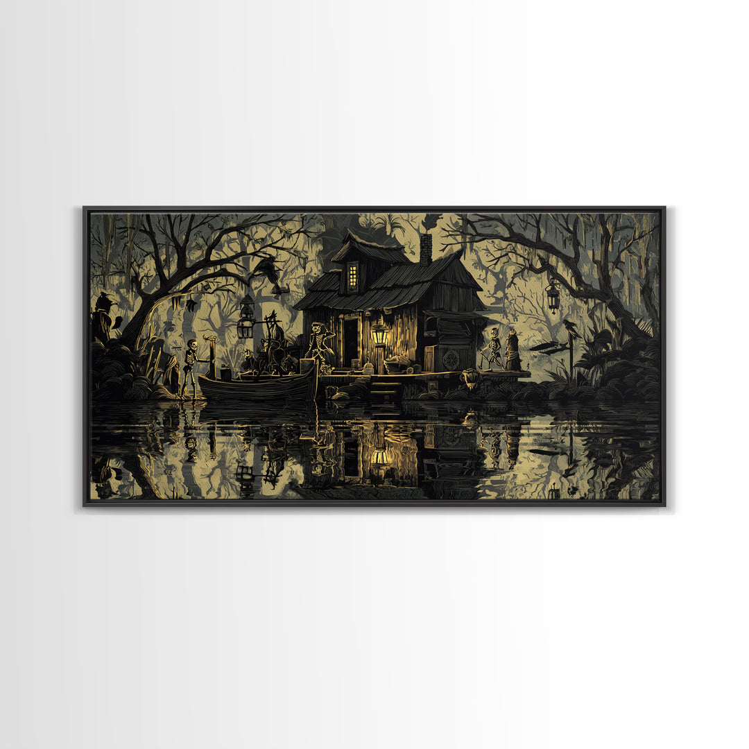 The Foggy Swamp Shack, Macabre Folk Print Art, Wide Panoramic Art, Gothic Horror Wall Art, Canvas Print, Halloween Wall Art