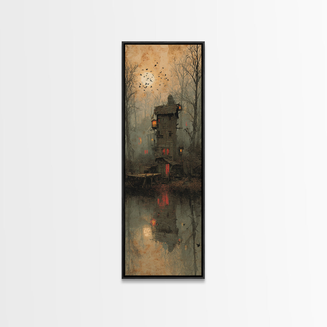 The Foggy Swamp Shack, Surreal Apocalyptic Art, Tall Narrow Wall Art, Gothic Horror Wall Art, Canvas Print, Halloween Wall Art