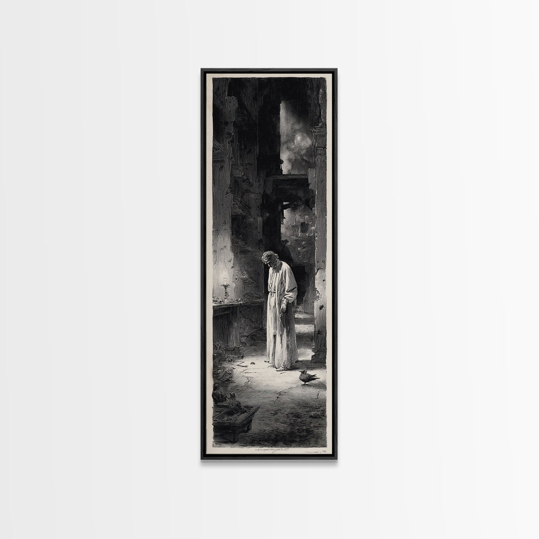 The Derelict Asylum, Gothic Engraving Art, Tall Narrow Wall Art, Dark Halloween Decor, Framed Canvas Print, Halloween Wall Art