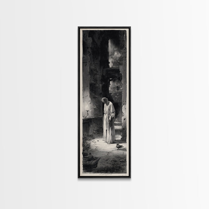 The Derelict Asylum, Gothic Engraving Art, Tall Narrow Wall Art, Dark Halloween Decor, Framed Canvas Print, Halloween Wall Art