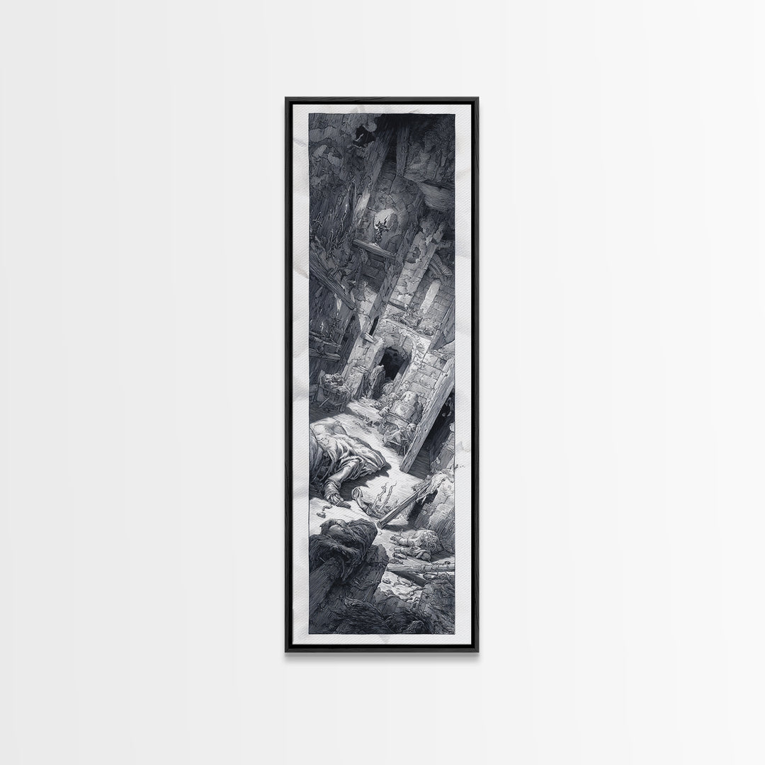 The Derelict Asylum, Renaissance Engraving Art, Tall Narrow Wall Art, Dark Halloween Decor, Framed Canvas Print, Halloween Wall Art