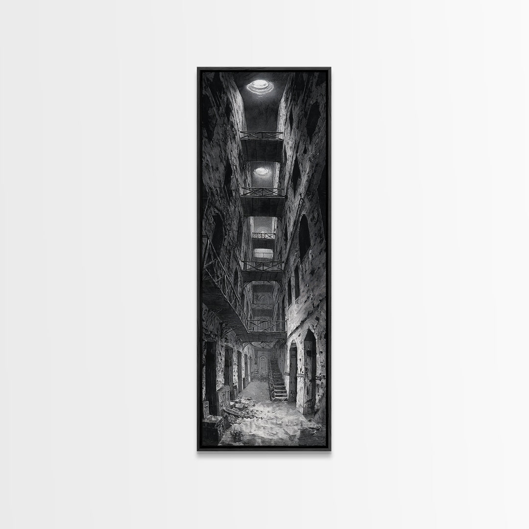 The Derelict Asylum, Architectural Etching Art, Tall Narrow Wall Art, Gothic Horror Wall Art, Canvas Print, Halloween Wall Art