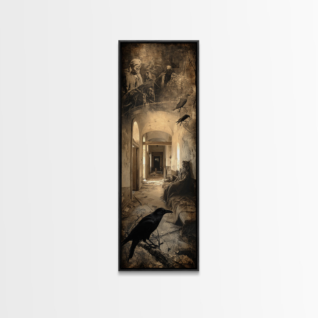 The Derelict Asylum, Symbolist Etching Art, Tall Narrow Wall Art, Dark Halloween Decor, Framed Canvas Print, Halloween Wall Art