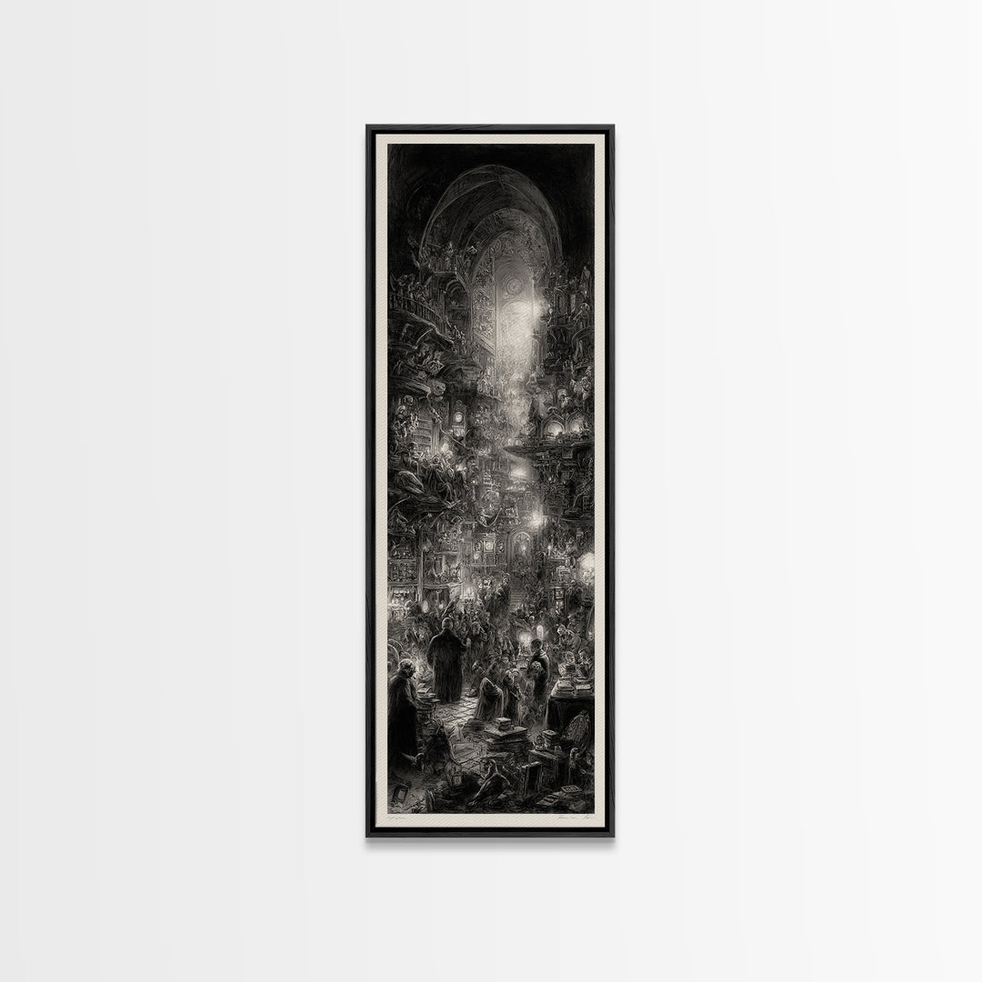 The Midnight Antique Shop, Gothic Engraving Art, Tall Narrow Wall Art, Dark Fantasy Wall Art, Framed Canvas Print, Halloween Wall Art