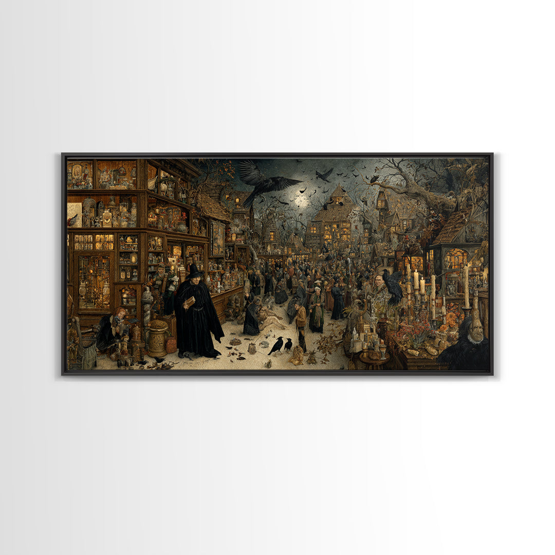 The Midnight Antique Shop, Northern Renaissance Horror, Wide Panoramic Art, Gothic Horror Wall Art, Canvas Print