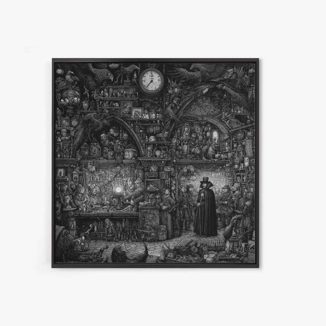 The Midnight Antique Shop, Renaissance Engraving Art, Square Wall Art, Dark Fantasy Wall Art, Framed Canvas Print, Halloween Wall Art