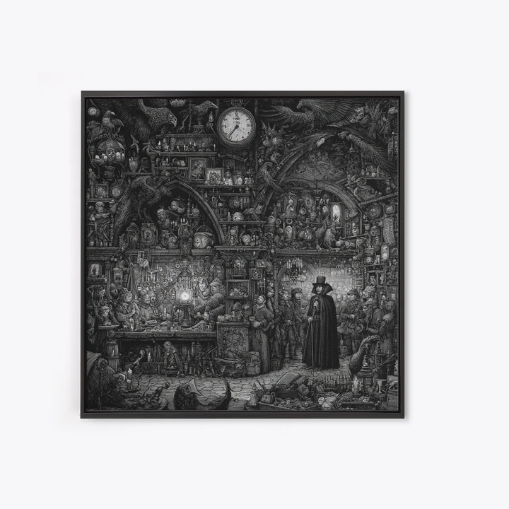 The Midnight Antique Shop, Renaissance Engraving Art, Square Wall Art, Dark Fantasy Wall Art, Framed Canvas Print, Halloween Wall Art