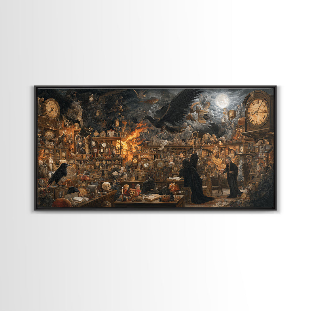 The Midnight Antique Shop, Visionary Gothic Art, Wide Panoramic Art, Gothic Horror Wall Art, Framed Canvas Print, Halloween Wall Art