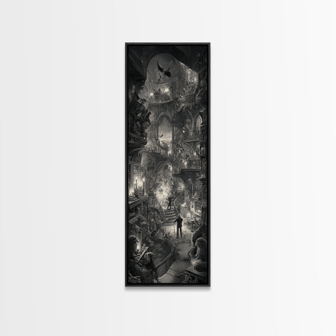 The Midnight Antique Shop, Architectural Etching Art, Tall Narrow Wall Art, Dark Halloween Decor, Canvas Print