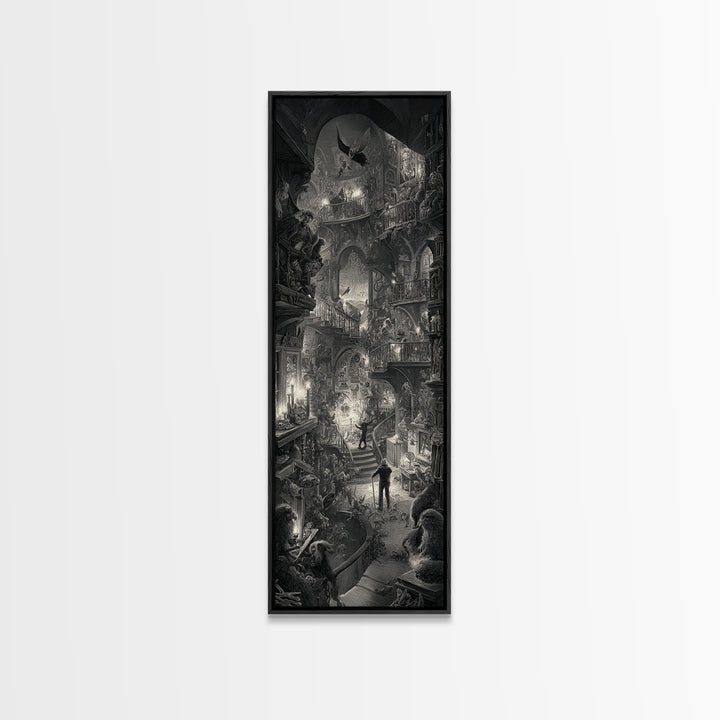 The Midnight Antique Shop, Architectural Etching Art, Tall Narrow Wall Art, Dark Halloween Decor, Canvas Print