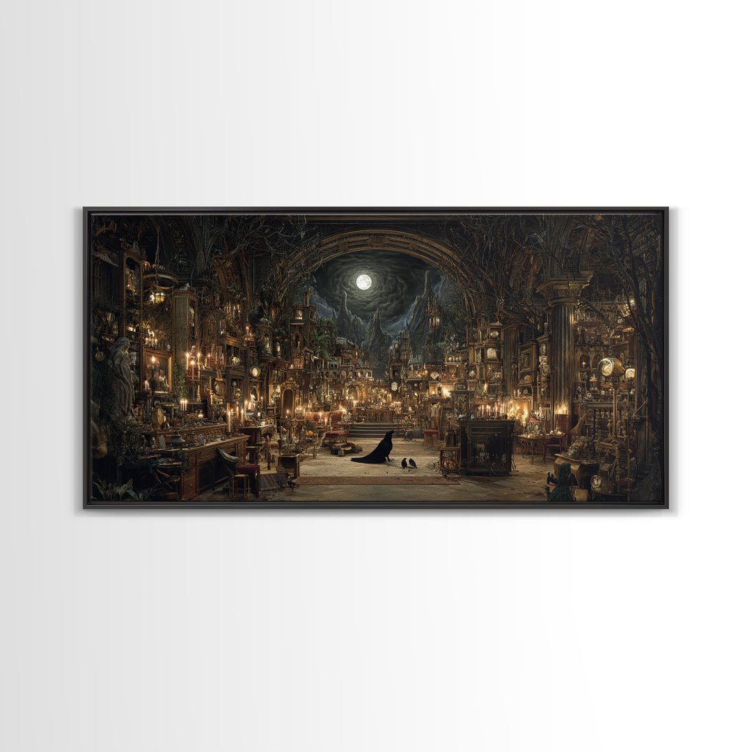 The Midnight Antique Shop, Apocalyptic Romantic Art, Wide Panoramic Art, Gothic Horror Wall Art, Canvas Print, Halloween Wall Art
