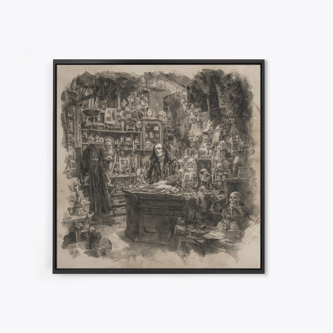 The Midnight Antique Shop, Decadent Gothic Art, Square Wall Art, Gothic Horror Wall Art, Framed Canvas Print, Halloween Wall Art