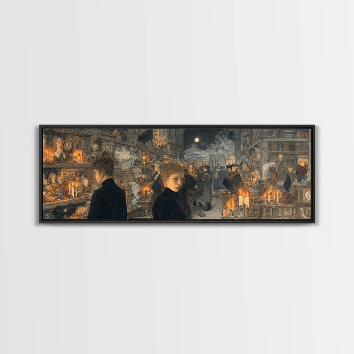 The Midnight Antique Shop, Symbolist Death Art, Extra Wide Wall Art, Macabre Wall Art, Canvas Print, Halloween Wall Art