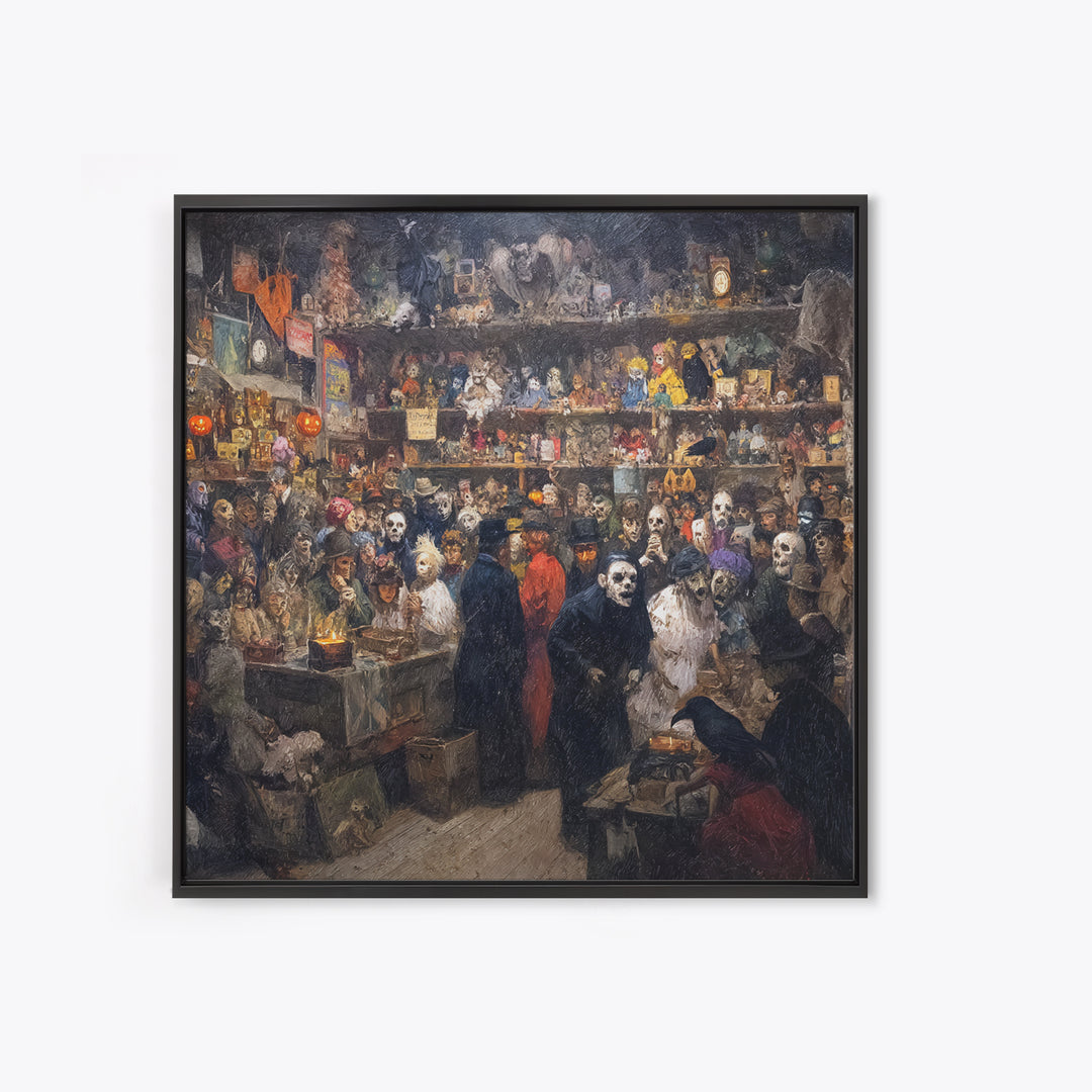 The Midnight Antique Shop, Grotesque Carnival Art, Square Wall Art, Dark Halloween Decor, Canvas Print, Halloween Wall Art