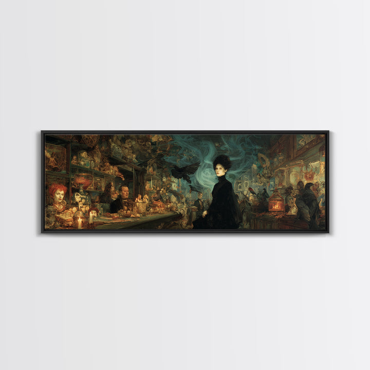 The Midnight Antique Shop, Expressionist Gothic Art, Extra Wide Wall Art, Dark Halloween Decor, Framed Canvas Print, Halloween Wall Art