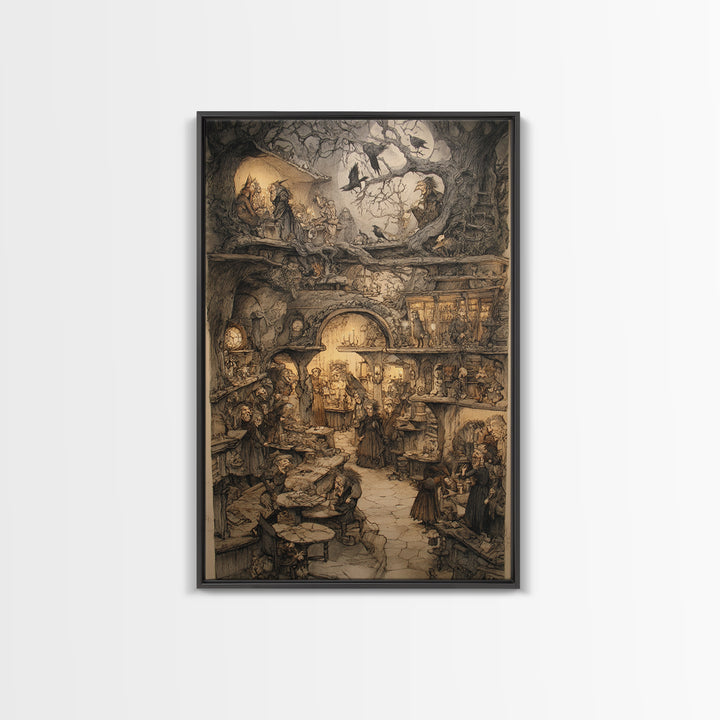 The Midnight Antique Shop, Gothic Storybook Art, Vertical Wall Art, Dark Fantasy Wall Art, Framed Canvas Print, Halloween Wall Art