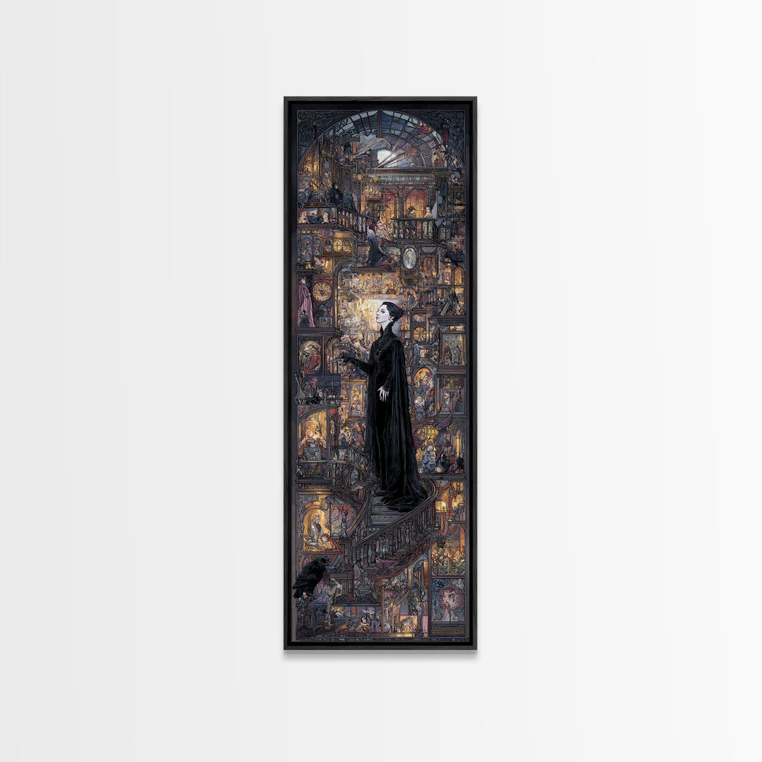 The Midnight Antique Shop, Stained Glass Gothic Art, Tall Narrow Wall Art, Macabre Wall Art, Framed Canvas Print, Halloween Wall Art