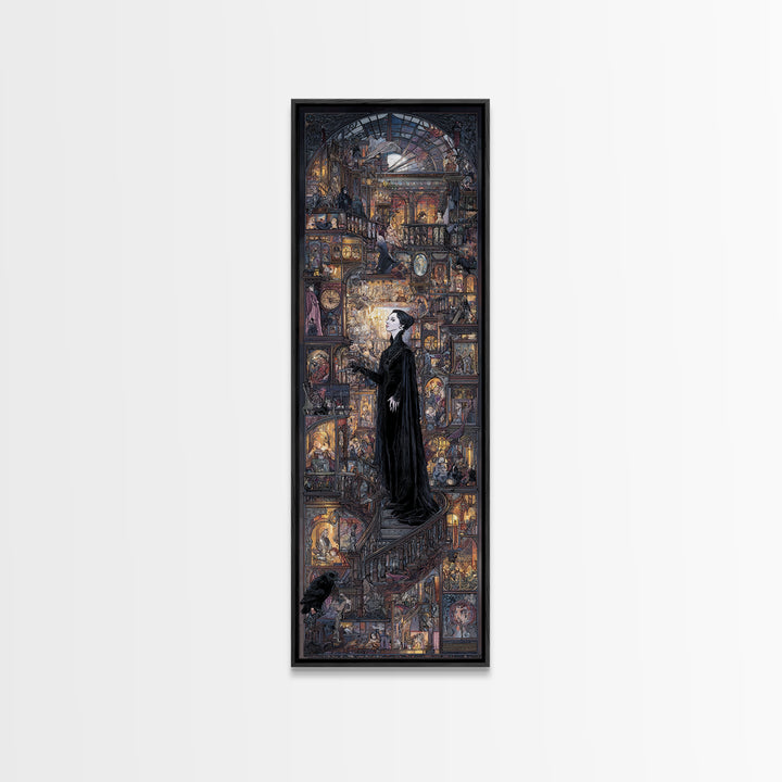 The Midnight Antique Shop, Stained Glass Gothic Art, Tall Narrow Wall Art, Macabre Wall Art, Framed Canvas Print, Halloween Wall Art