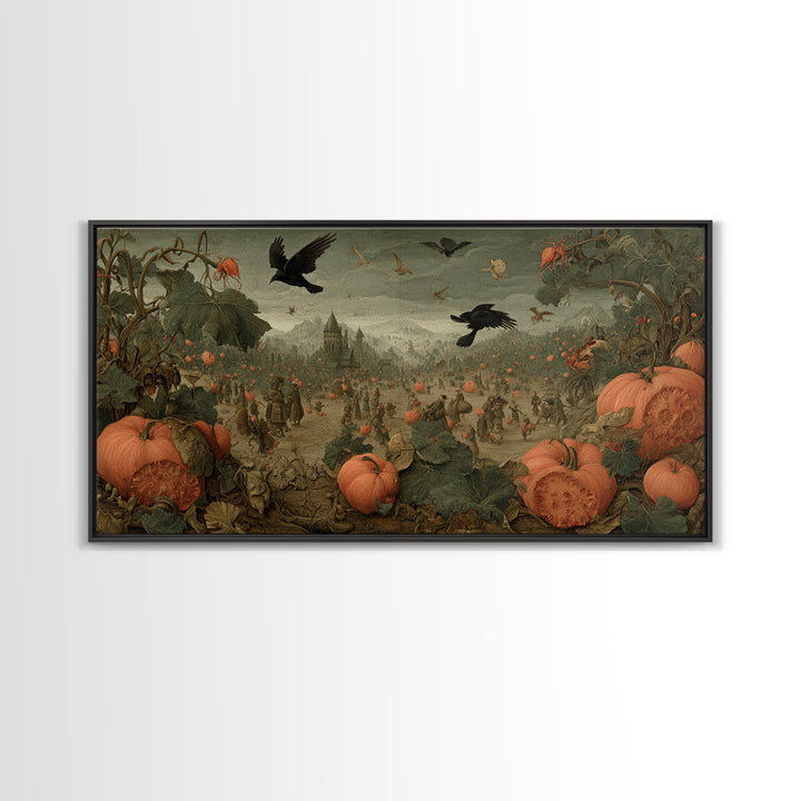The Pumpkin Patch Maze, Northern Renaissance Horror, Wide Panoramic Art, Macabre Wall Art, Framed Canvas Print, Halloween Wall Art