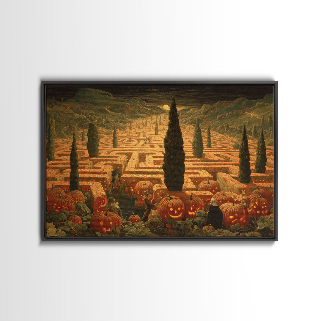 The Pumpkin Patch Maze, Symbolist Gothic Landscape, Landscape Wall Art, Dark Halloween Decor, Framed Canvas Print, Halloween Wall Art