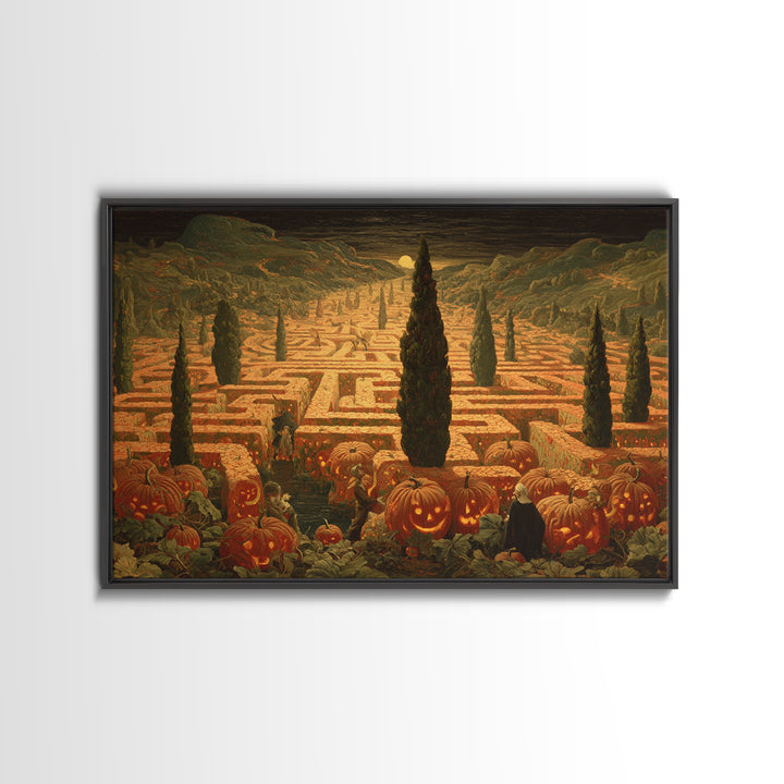 The Pumpkin Patch Maze, Symbolist Gothic Landscape, Landscape Wall Art, Dark Halloween Decor, Framed Canvas Print, Halloween Wall Art