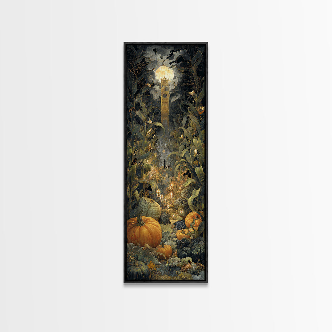 The Pumpkin Patch Maze, Ornate Symbolist Art, Tall Narrow Wall Art, Dark Halloween Decor, Canvas Print, Halloween Wall Art