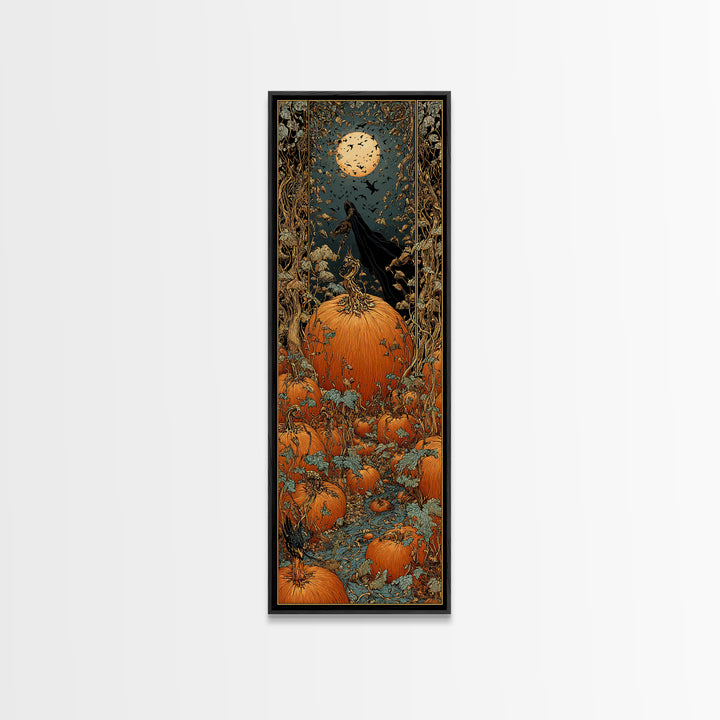 The Pumpkin Patch Maze, Stained Glass Gothic Art, Tall Narrow Wall Art, Gothic Horror Wall Art, Framed Canvas Print, Halloween Wall Art