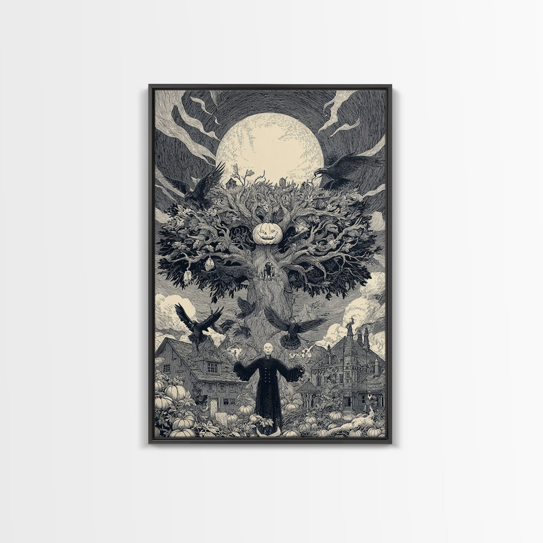 The Pumpkin Patch Maze, Victorian Macabre Art, Vertical Wall Art, Dark Halloween Decor, Framed Canvas Print, Halloween Wall Art