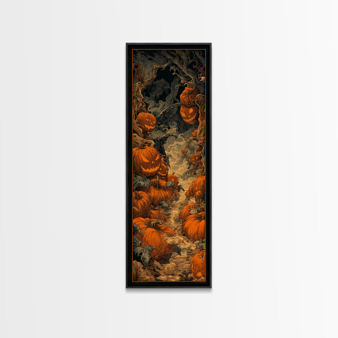 The Pumpkin Patch Maze, Biomechanical Horror Art, Tall Narrow Wall Art, Dark Halloween Decor, Framed Canvas Print, Halloween Wall Art